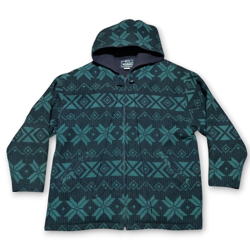 Vintage Woolrich Coat Womens Large Wool Aztec Snowflake Southwestern Hooded